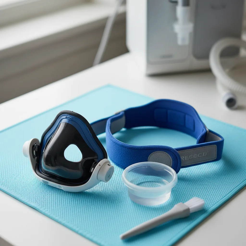 ماسك CPAP بجوار جهاز التنفس مع توضيح موضع الوسادة والأربطة مع تفاصيل الاستخدام العملي