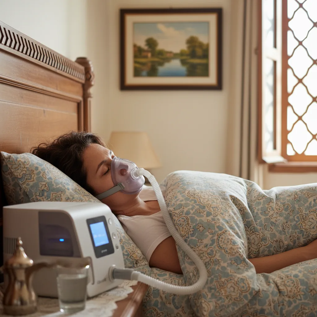 ماسك CPAP بجوار جهاز التنفس مع توضيح موضع الوسادة والأربطة