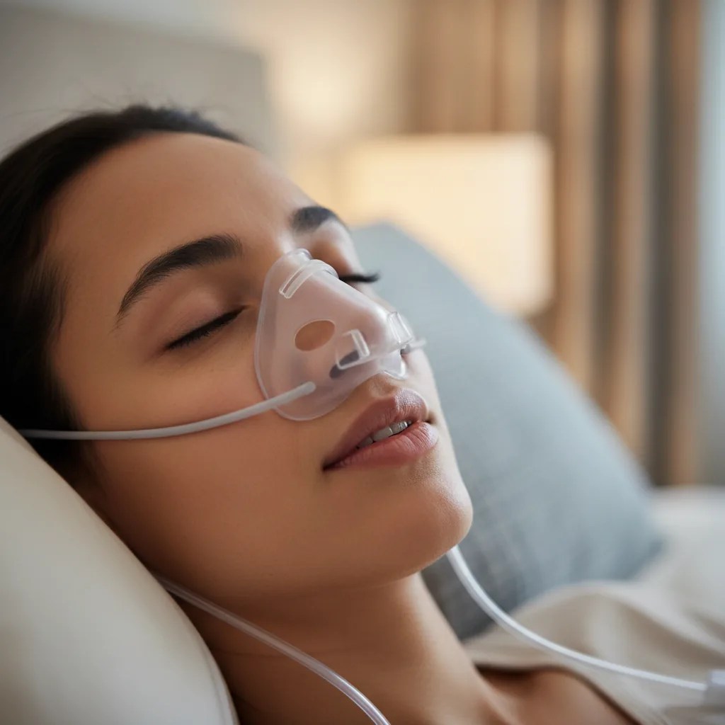 جهاز CPAP أو BiPAP بجوار السرير مع الخرطوم والماسك جاهزين للاستخدام مع تفاصيل الاستخدام العملي