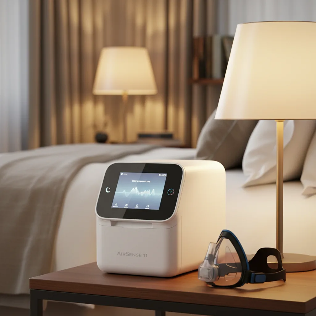 جهاز CPAP أو BiPAP بجوار السرير مع الخرطوم والماسك جاهزين للاستخدام
