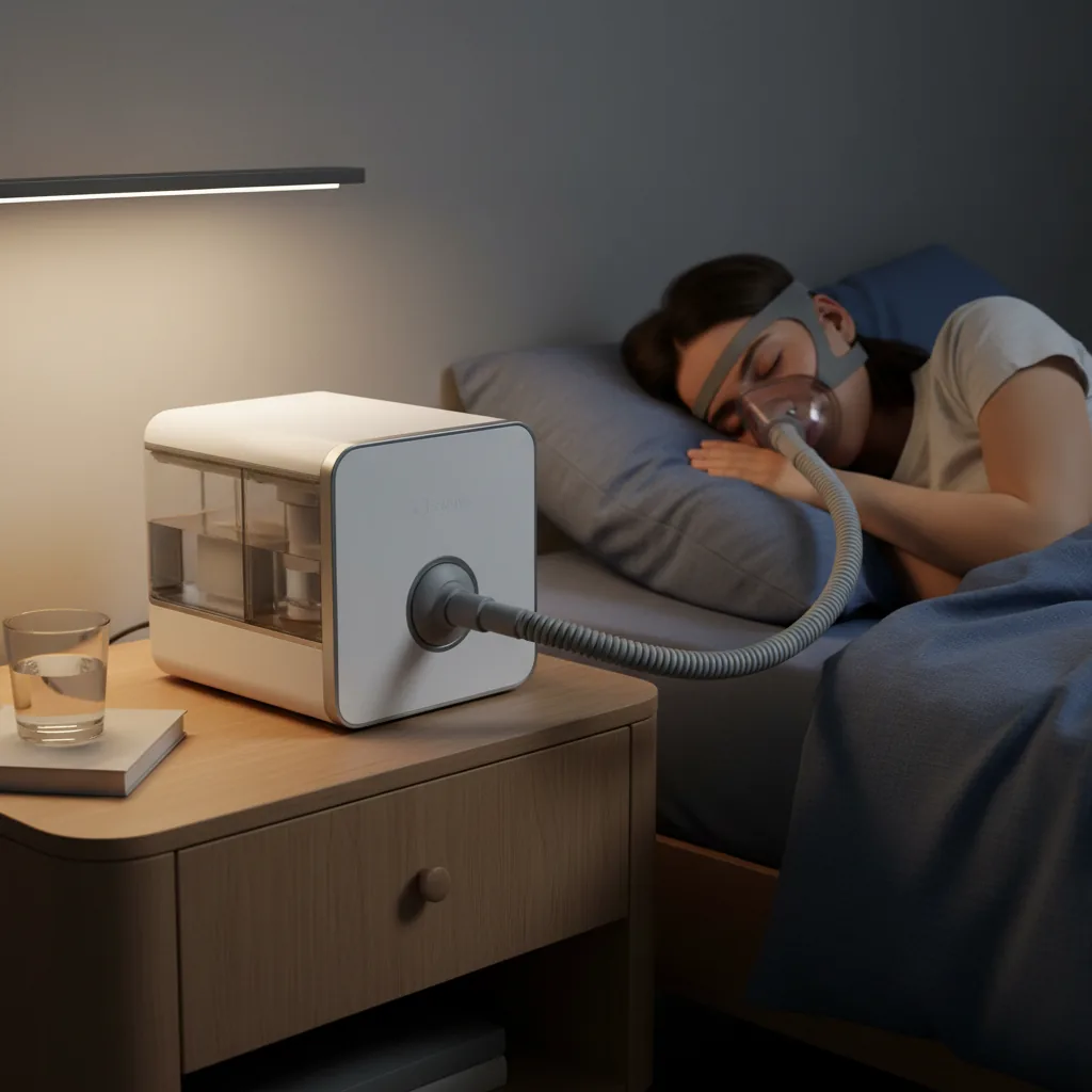 جهاز CPAP أو BiPAP بجوار السرير مع الخرطوم والماسك جاهزين للاستخدام