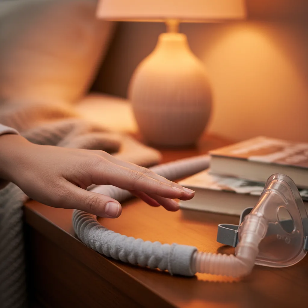 يد تلمس غطاء خرطوم CPAP قماشي ناعم
