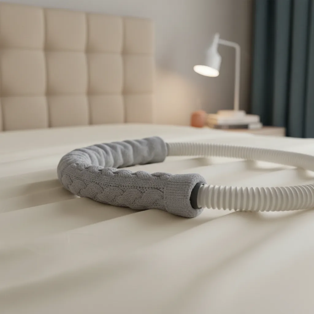 غطاء خرطوم CPAP قماشي ناعم ملفوف حول خرطوم جهاز CPAP على سرير