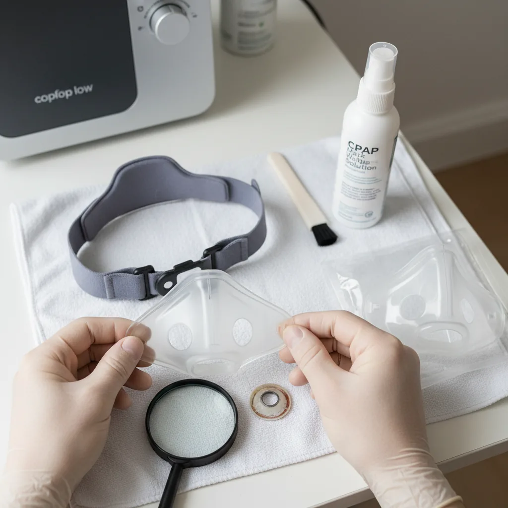 ماسك CPAP بجوار جهاز التنفس مع توضيح موضع الوسادة والأربطة مع تفاصيل الاستخدام العملي
