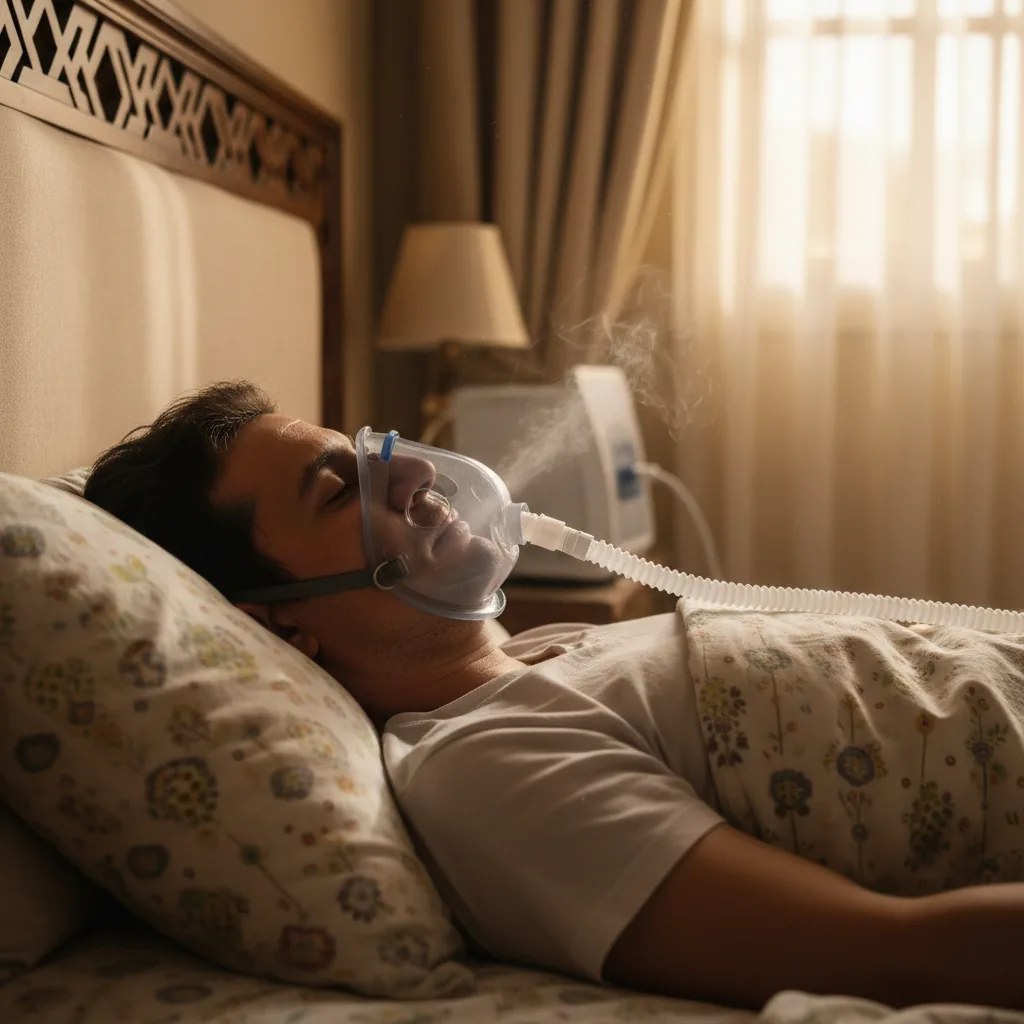 ماسك CPAP بجوار جهاز التنفس مع توضيح موضع الوسادة والأربطة