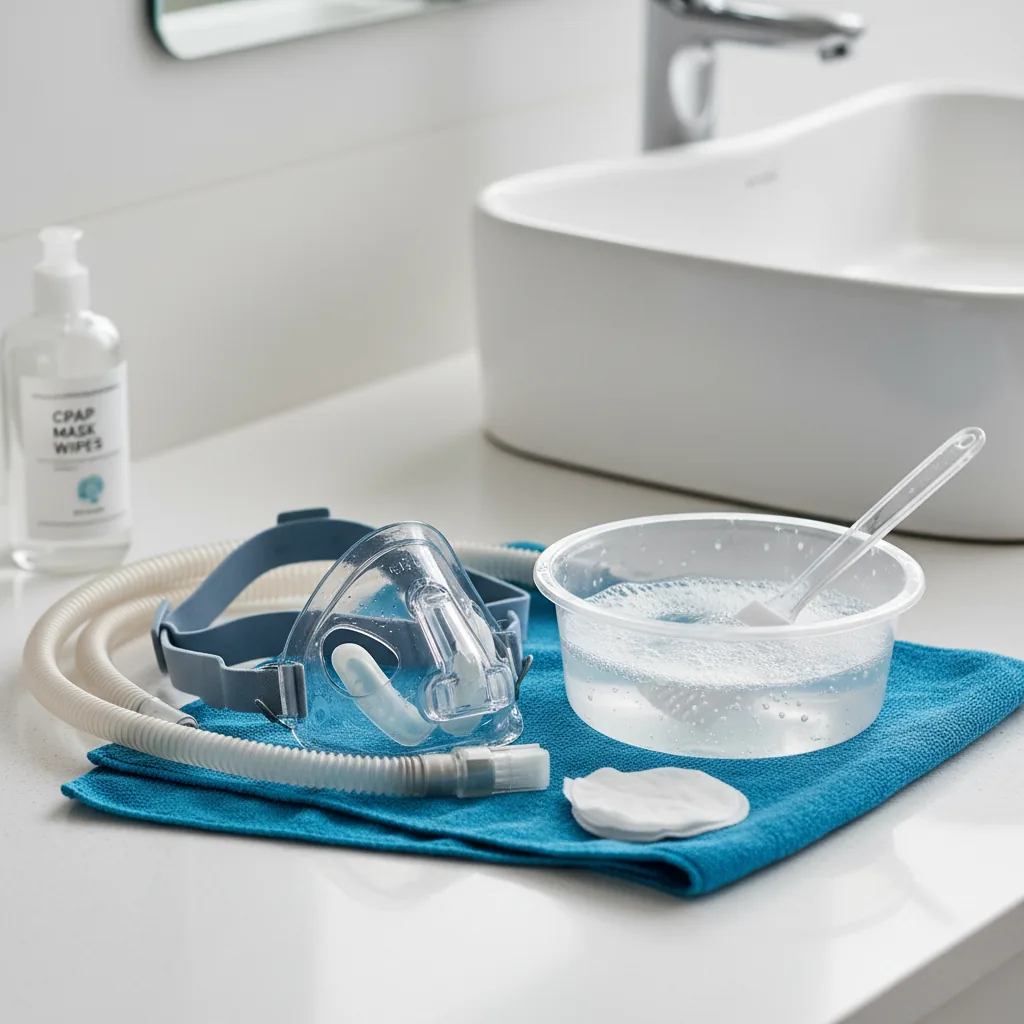 ماسك CPAP بجوار جهاز التنفس مع توضيح موضع الوسادة والأربطة مع تفاصيل الاستخدام العملي