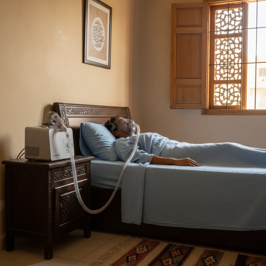 ماسك CPAP بجوار جهاز التنفس مع توضيح موضع الوسادة والأربطة