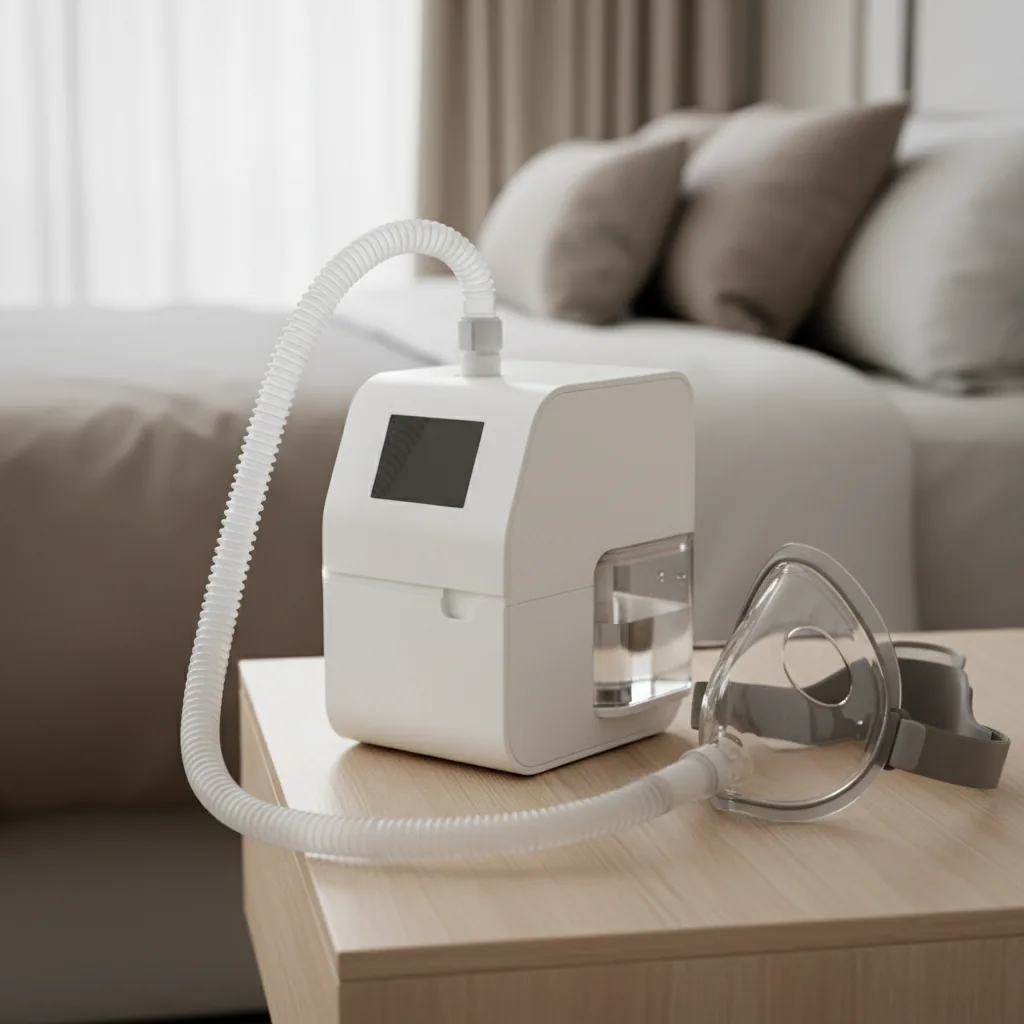 جهاز CPAP أو BiPAP بجوار السرير مع الخرطوم والماسك جاهزين للاستخدام