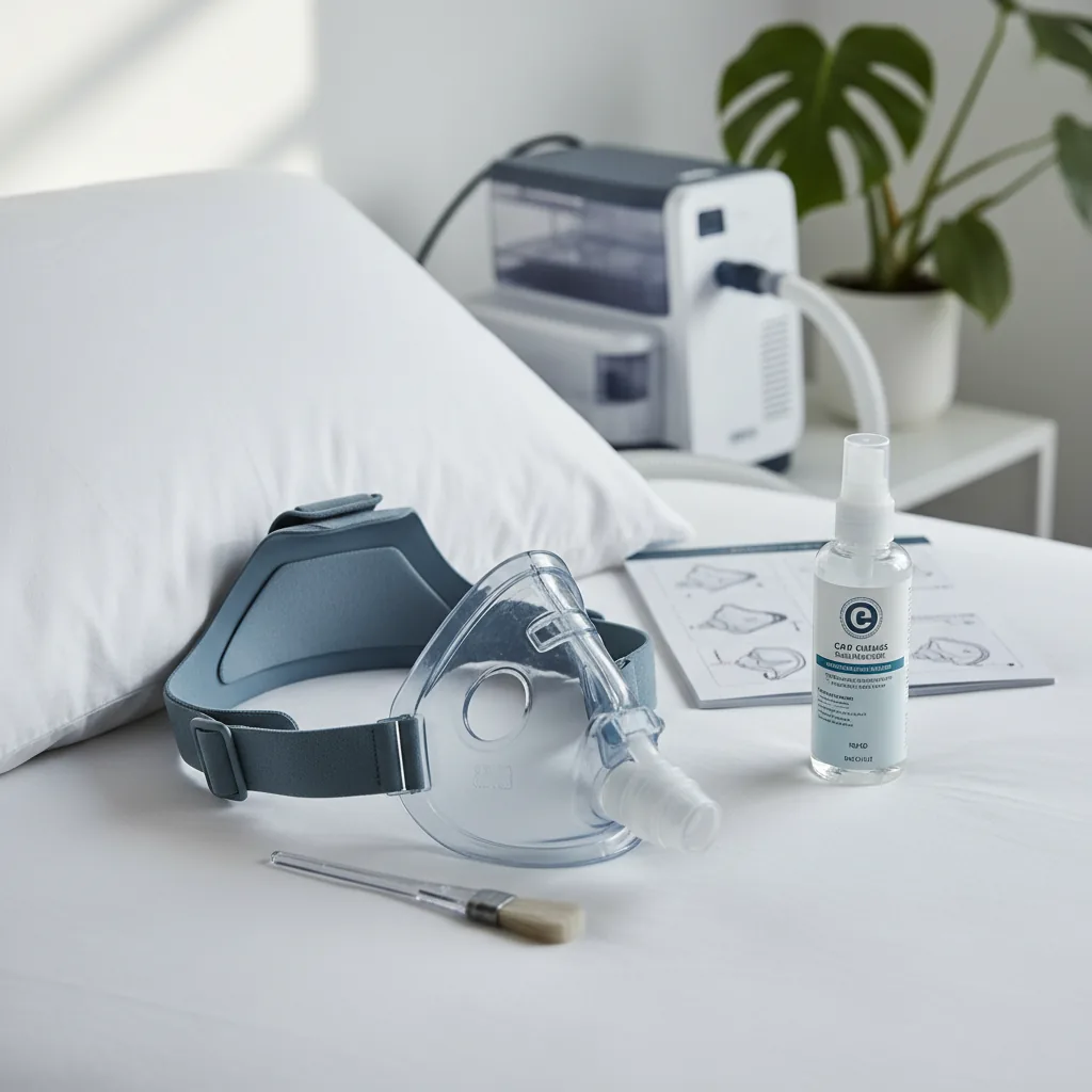 ماسك CPAP بجوار جهاز التنفس مع توضيح موضع الوسادة والأربطة مع تفاصيل الاستخدام العملي