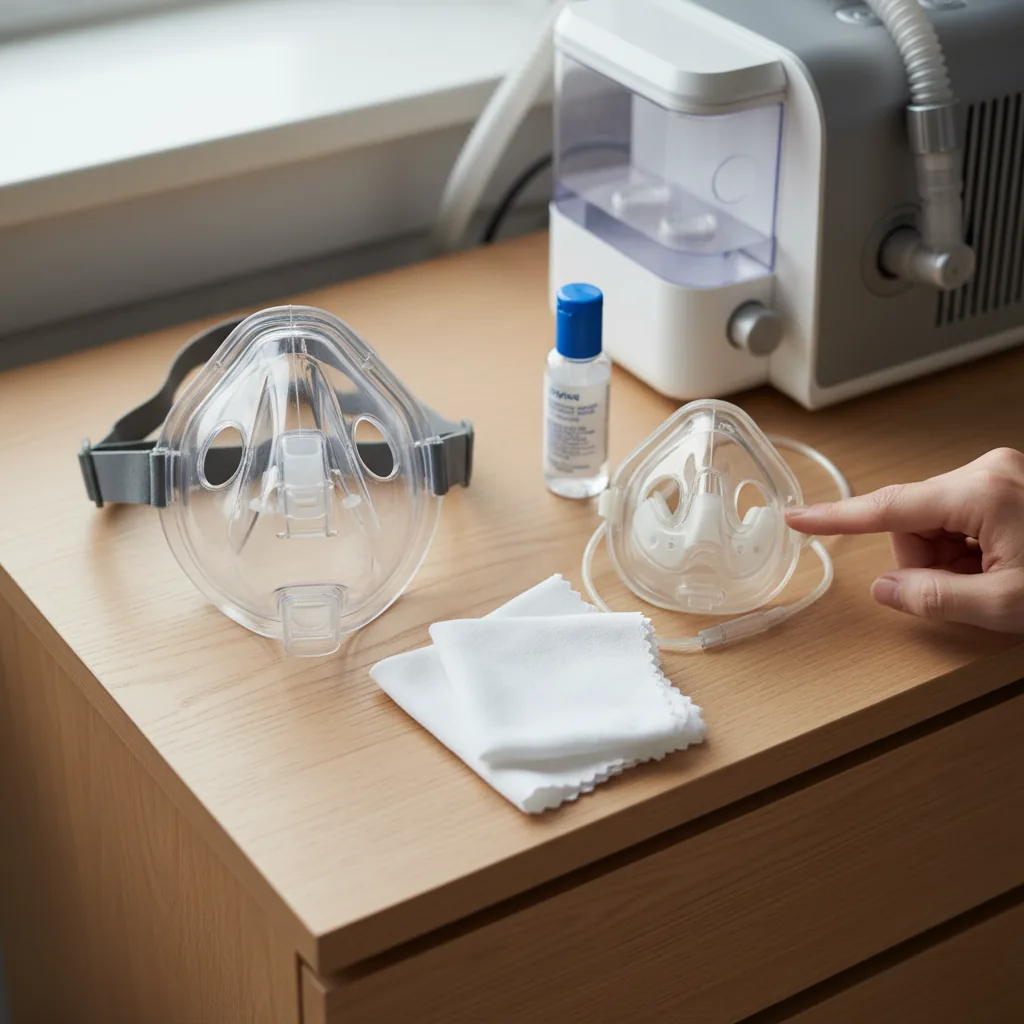 ماسك CPAP بجوار جهاز التنفس مع توضيح موضع الوسادة والأربطة مع تفاصيل الاستخدام العملي