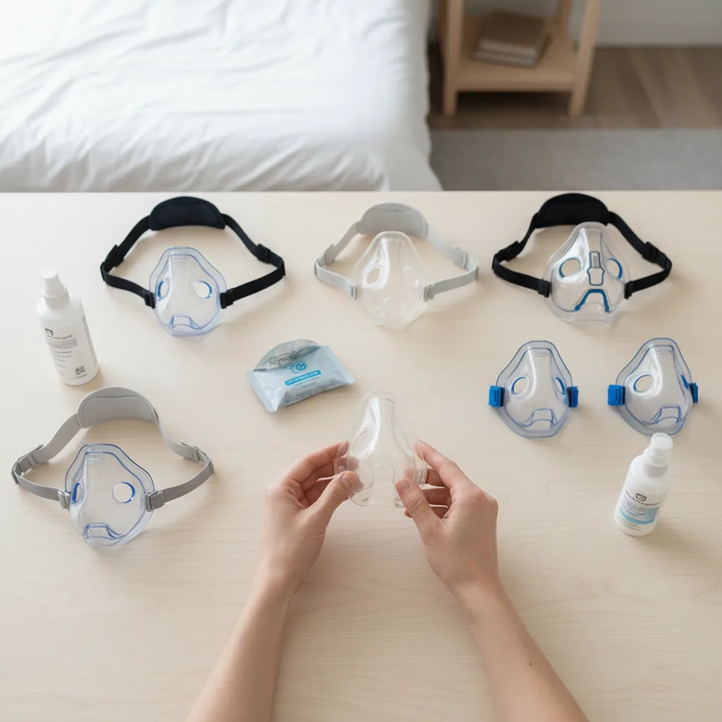 ماسك CPAP بجوار جهاز التنفس مع توضيح موضع الوسادة والأربطة مع تفاصيل الاستخدام العملي