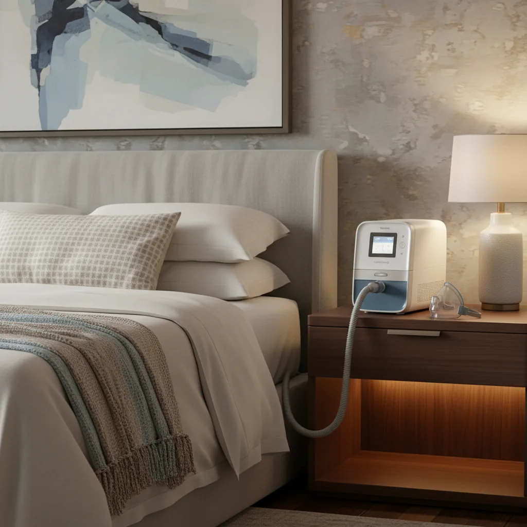 جهاز CPAP أو BiPAP بجوار السرير مع الخرطوم والماسك جاهزين للاستخدام