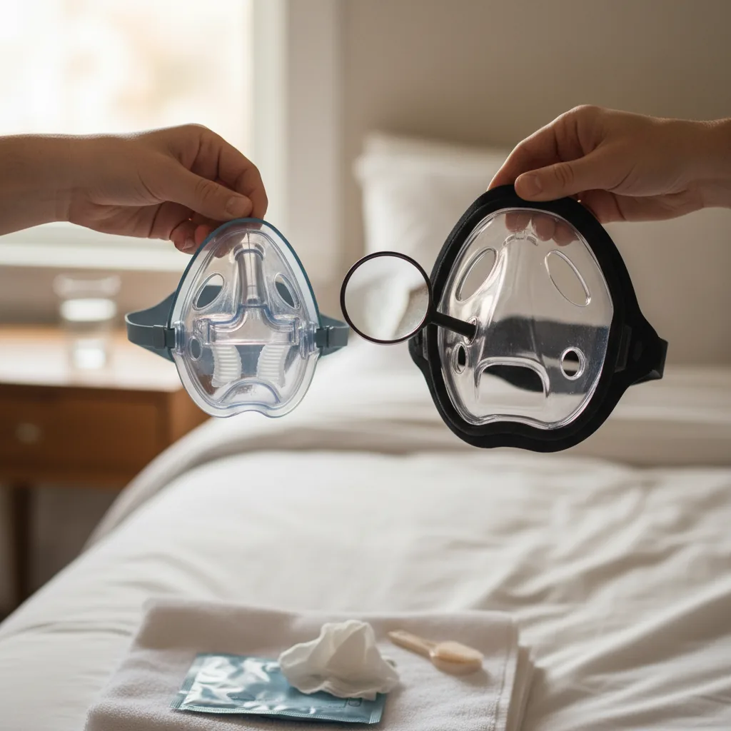 جهاز CPAP أو BiPAP بجوار السرير مع الخرطوم والماسك جاهزين للاستخدام مع تفاصيل الاستخدام العملي