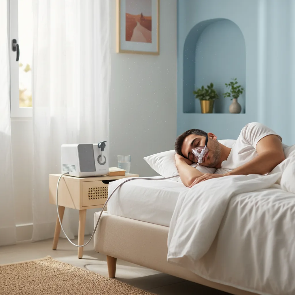 جهاز CPAP أو BiPAP بجوار السرير مع الخرطوم والماسك جاهزين للاستخدام