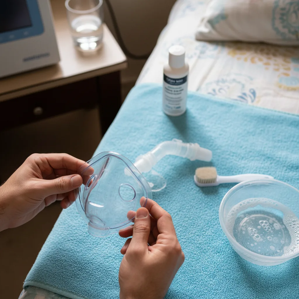 جهاز CPAP أو BiPAP بجوار السرير مع الخرطوم والماسك جاهزين للاستخدام مع تفاصيل الاستخدام العملي