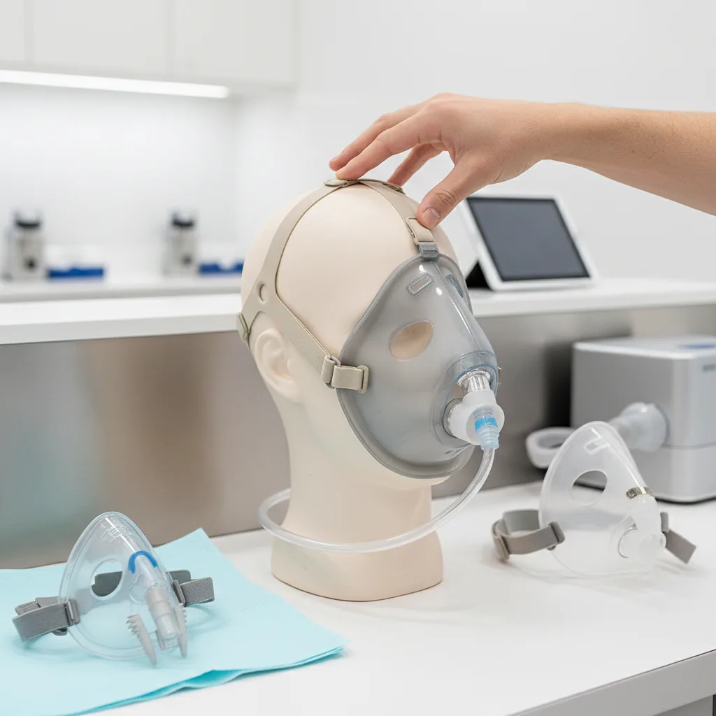 يد تقوم بضبط قناع CPAP على رأس عارضة أزياء، مع إظهار أنواع مختلفة من الأقنعة.