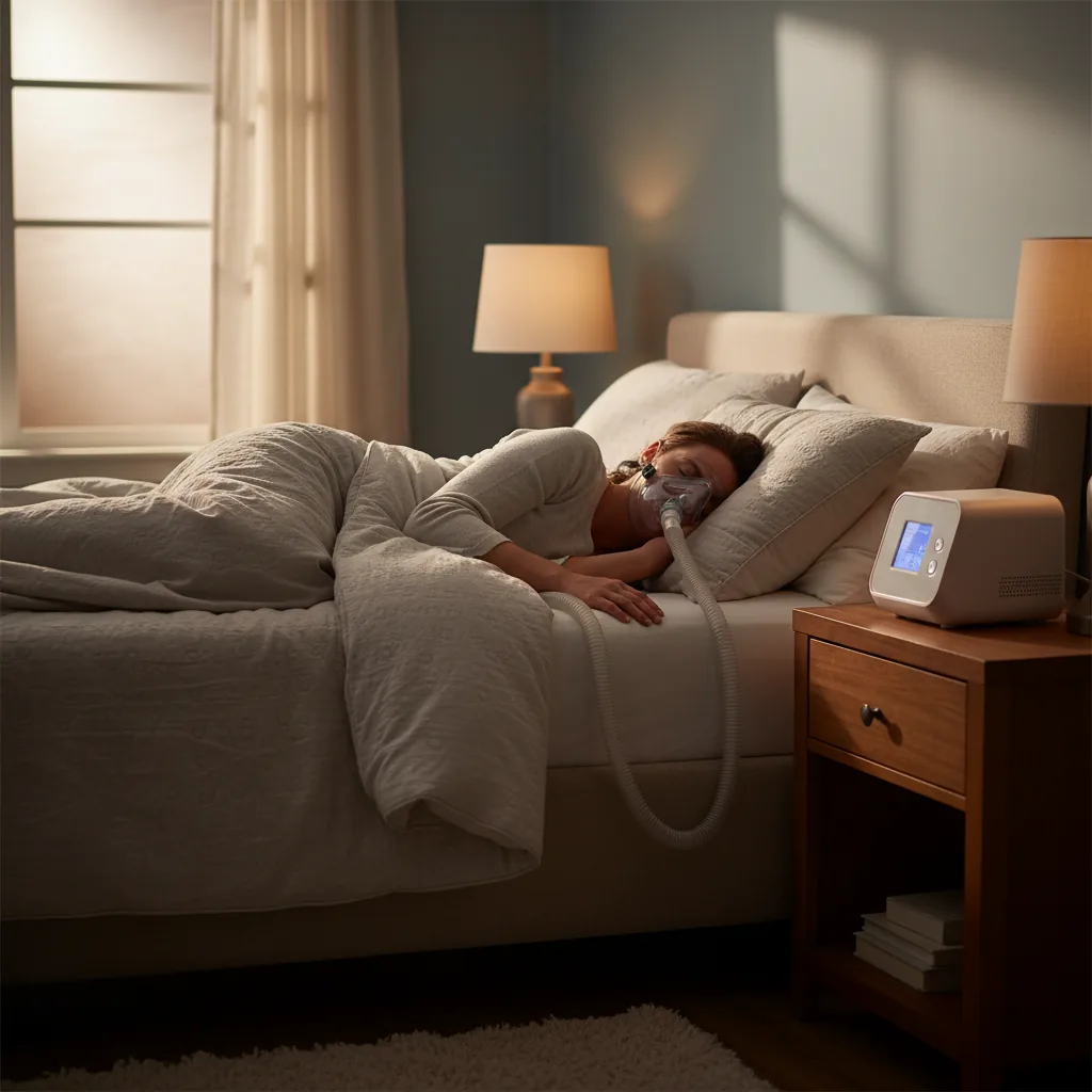 شخص نائم بهدوء في سرير يرتدي قناع CPAP متصل بجهاز على منضدة بجانبه.