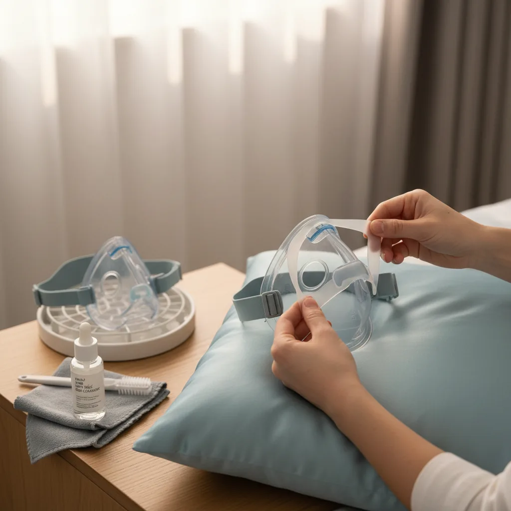 جهاز CPAP أو BiPAP بجوار السرير مع الخرطوم والماسك جاهزين للاستخدام مع تفاصيل الاستخدام العملي