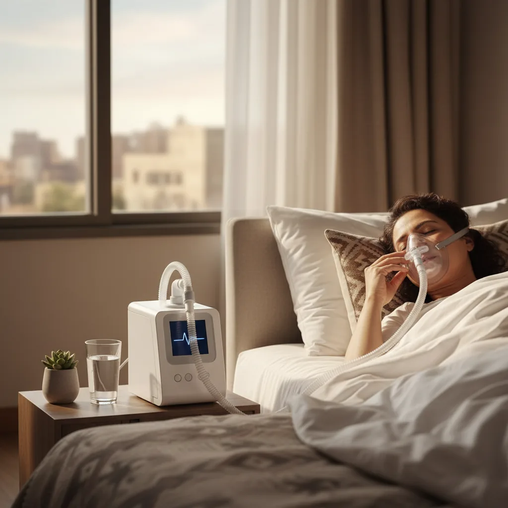 جهاز CPAP أو BiPAP بجوار السرير مع الخرطوم والماسك جاهزين للاستخدام